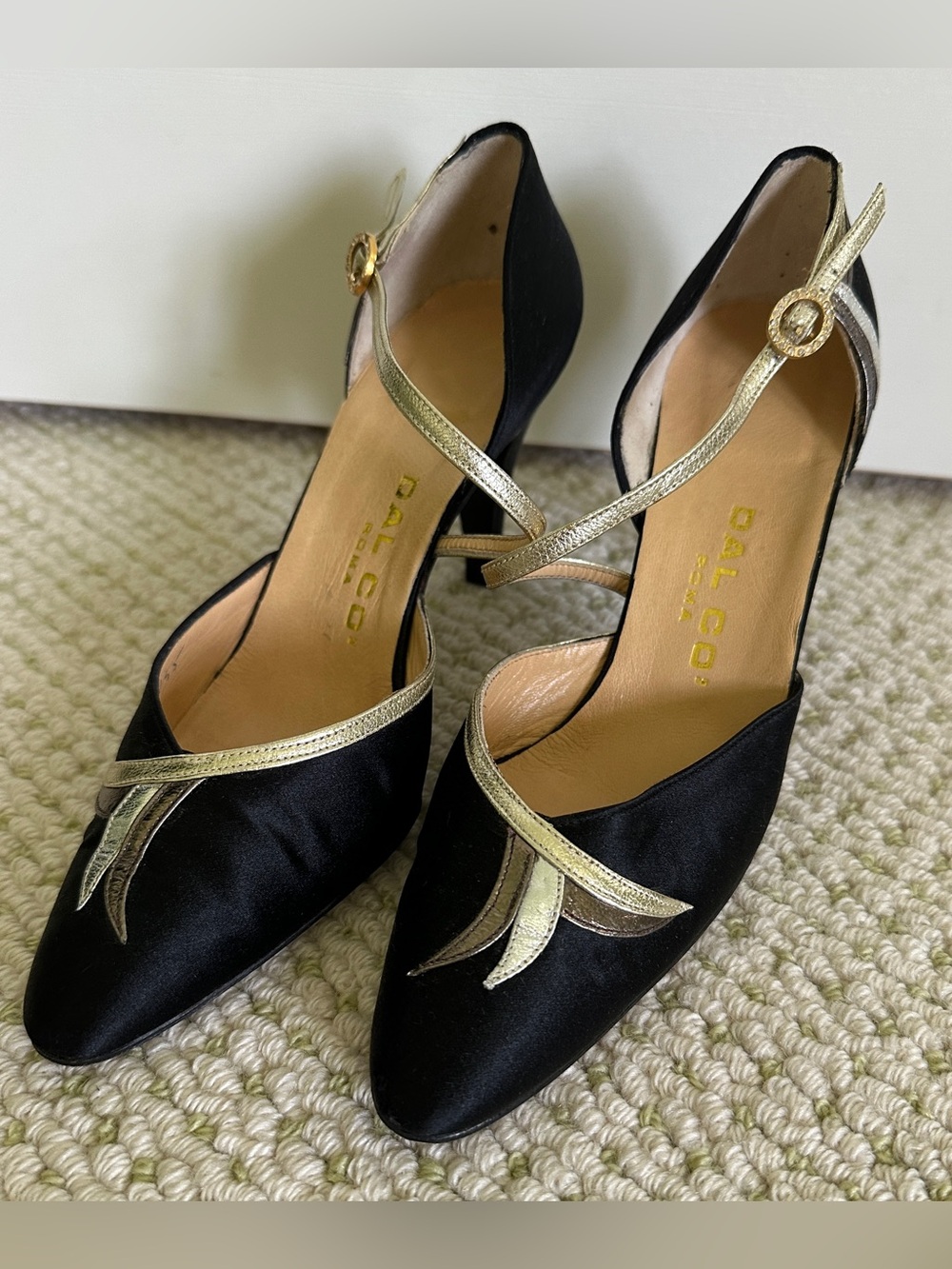 Vintage Dal Cò Roma Italy Black Satin Metallic Gold Silver Evening Heels